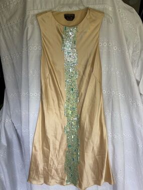 Ports 1961 Champagne Satin Shift Dress with Sequin Center Panel